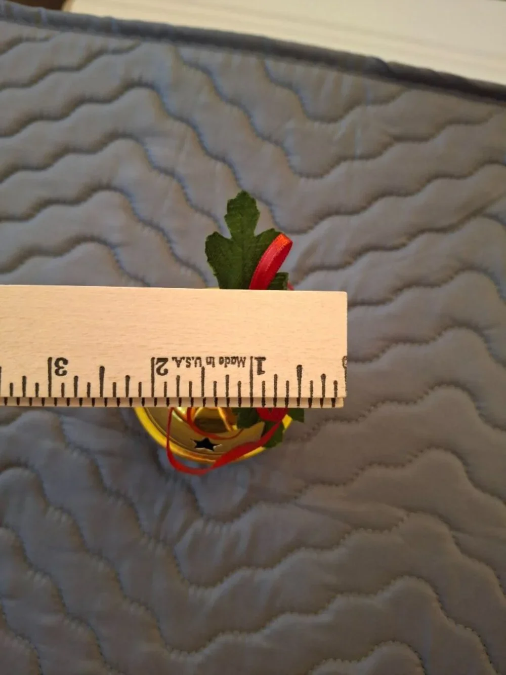 Vintage Gold Jingle Bell Christmas Ornament Red Ribbon Holly Holiday Decor